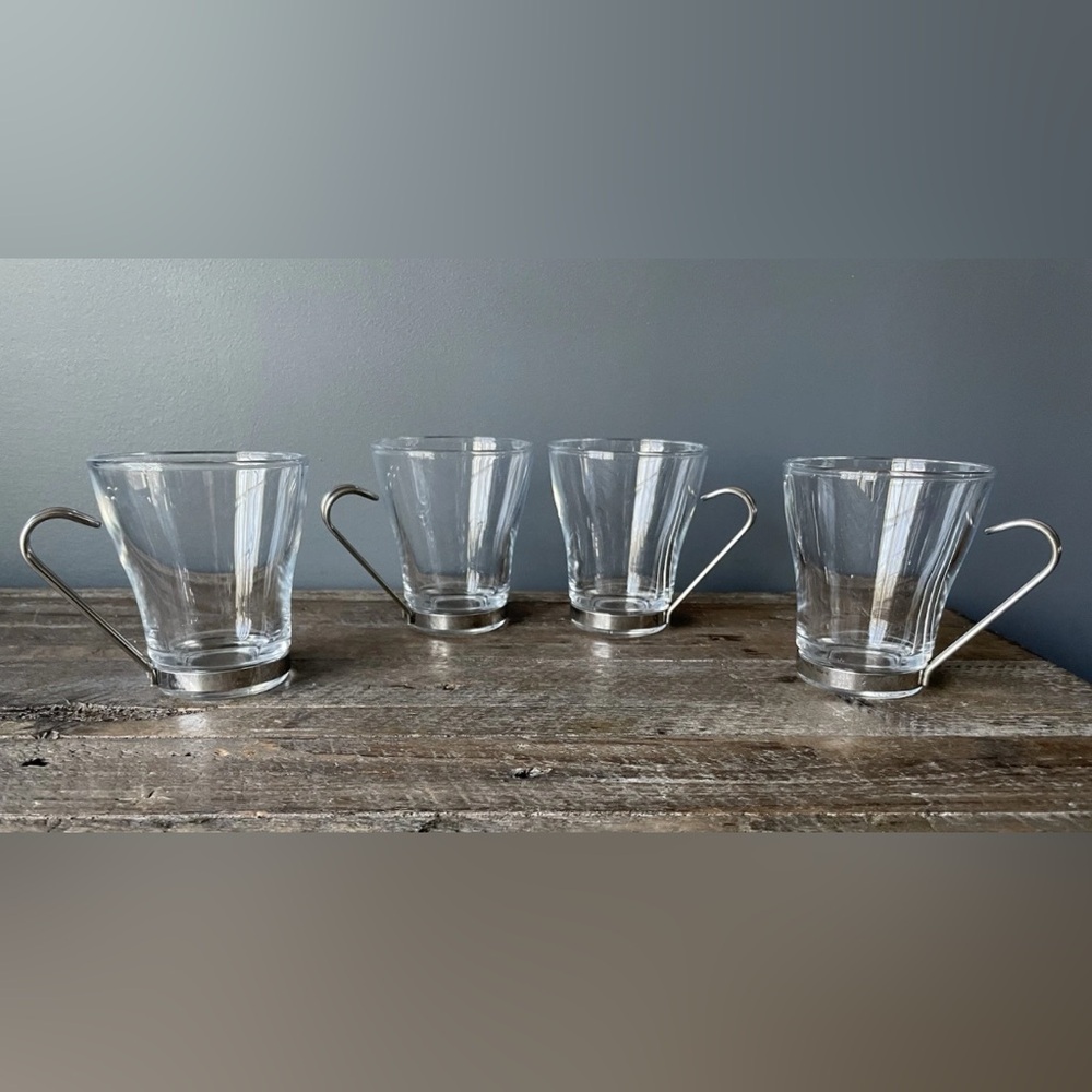 (4) Vintage Vitrosax Glass Espresso Demitasse Cup Stainless Steel Handle Italy